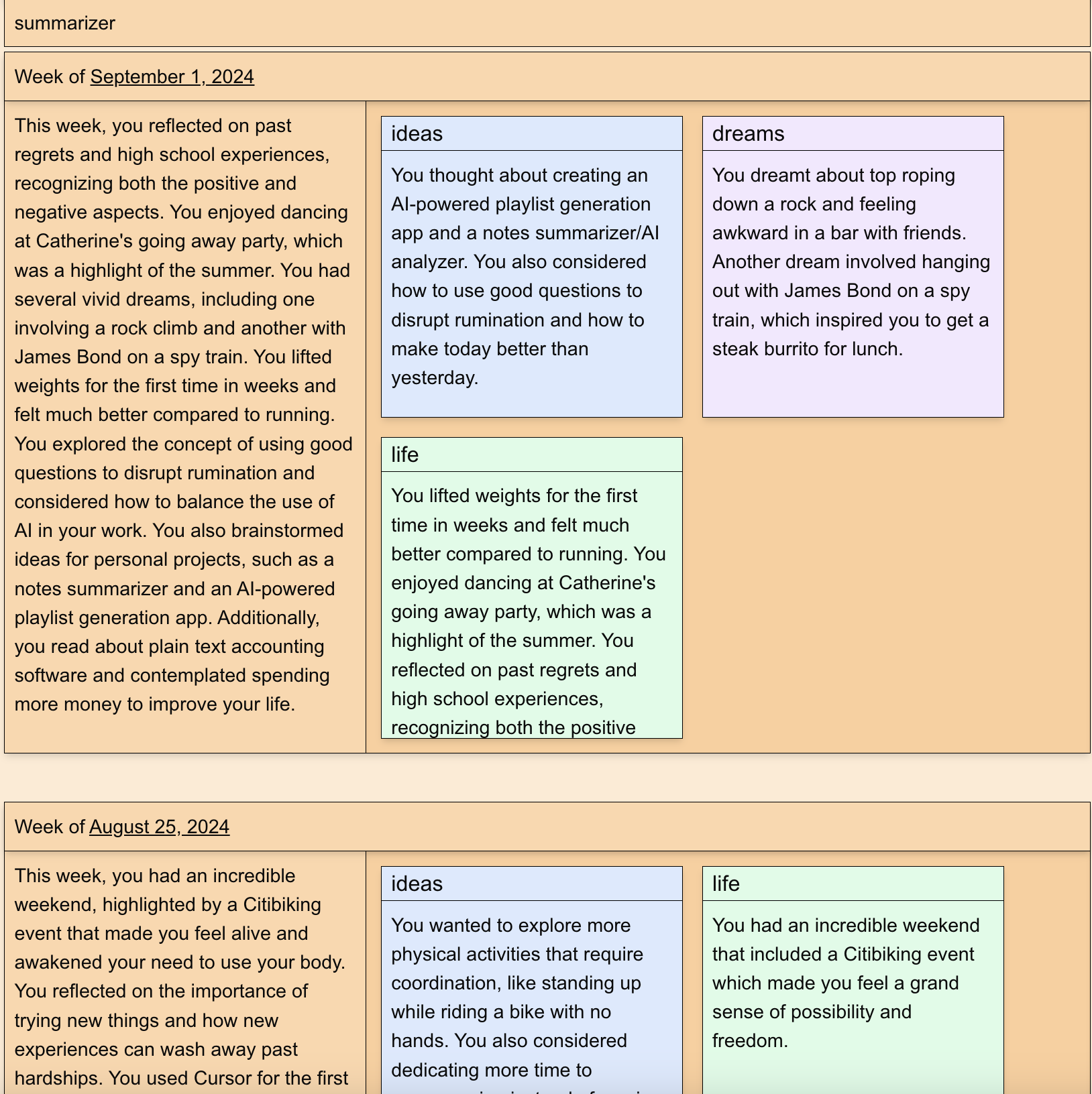 The summary app, with structured summaries